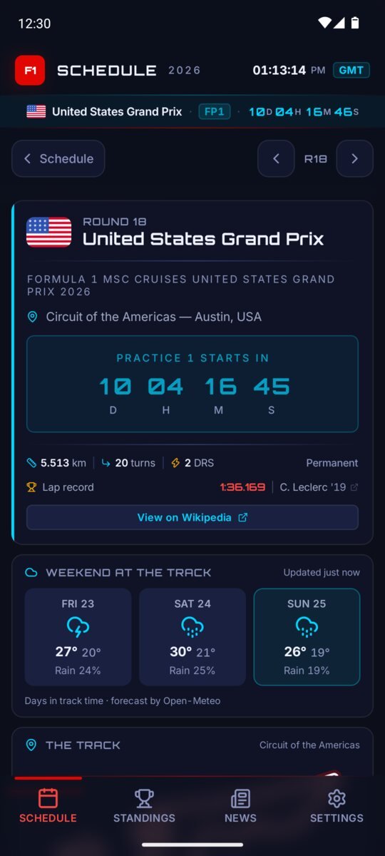 F1 Schedule Pro showing the race weekend schedule