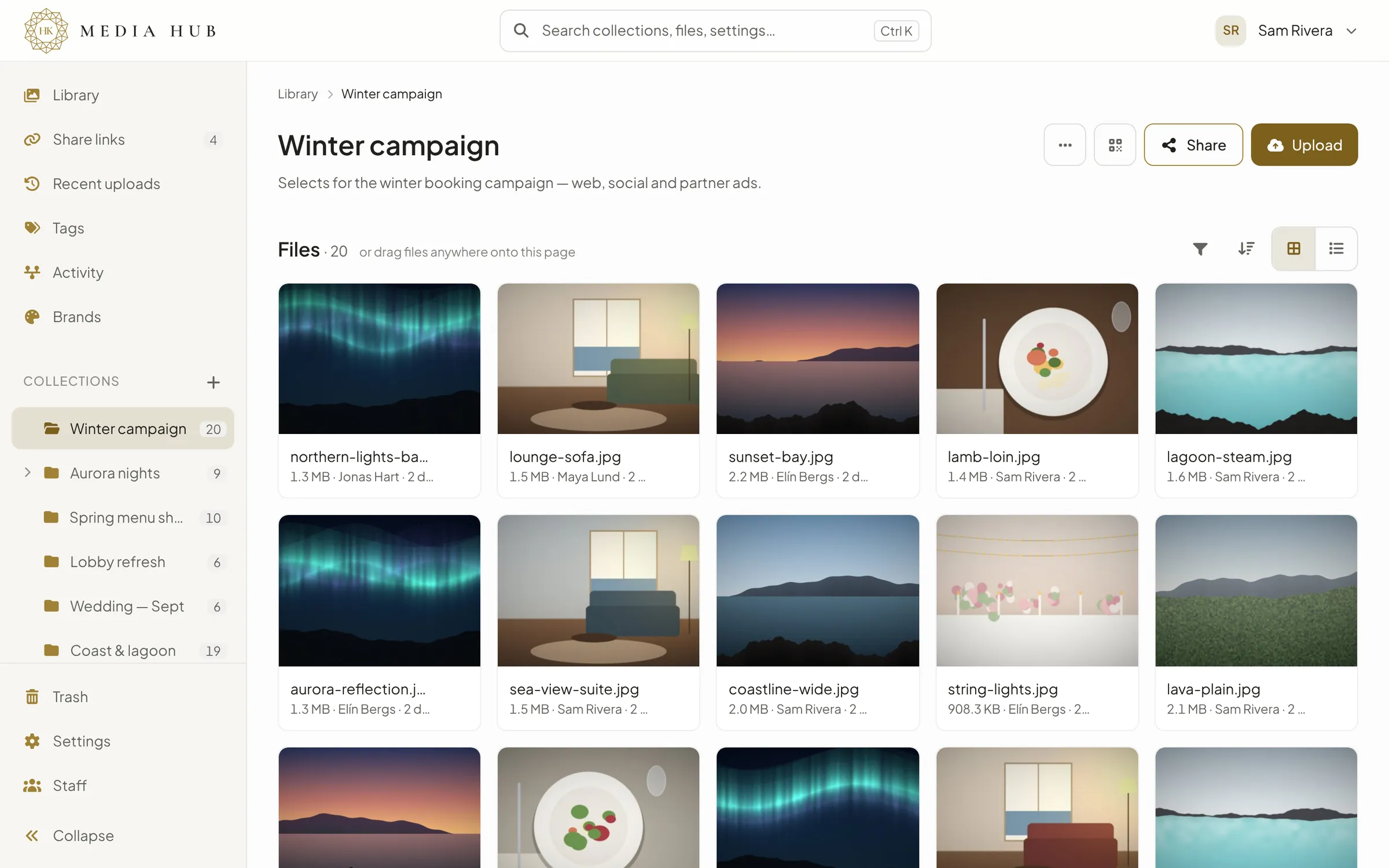 A hotel team media library showing a photo collection grid