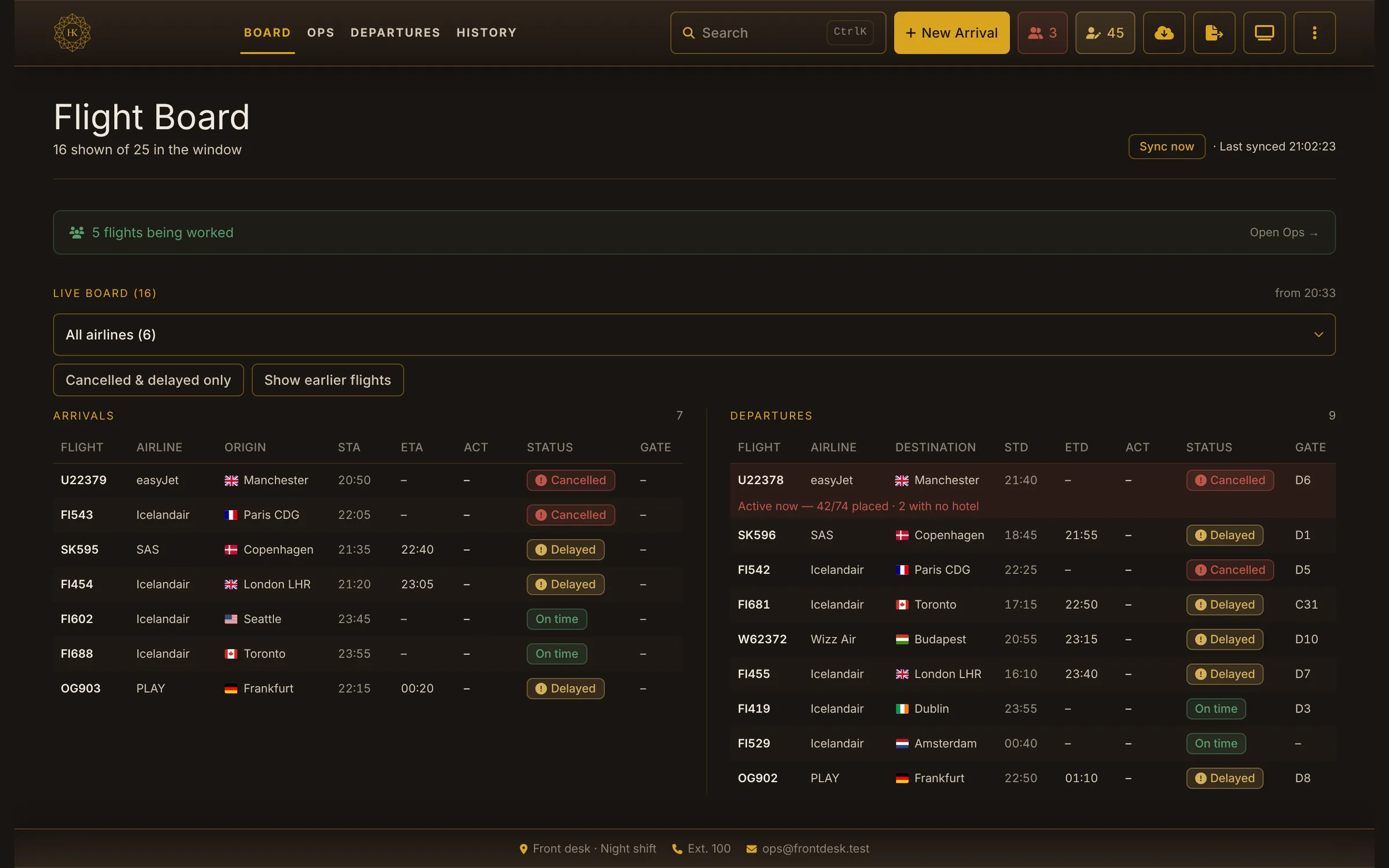 Disruption ops panel showing a live airport flight board with cancelled and delayed flights